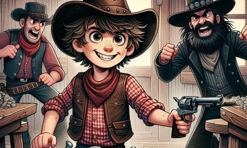 Au centre de l'image, Jack, un cow-boy de 12 ans, se tient courageusement avec son chapeau en cuir. Ses cheveux châtains en bataille et ses yeux déterminés montrent sa bravoure alors qu'il pointe son revolver vers les bandits. Il porte une chemise à carreaux rouge, un gilet en cuir et un pantalon en denim usé. À sa droite, Black Bart, un bandit de 35 ans, grand et musclé, rit bruyamment avec ses complices en comptant l'argent volé, vêtu de vêtements sombres et usés. Le saloon, avec ses murs en bois vieilli, est en désordre, rempli de poussière et de bouteilles de whisky. La scène montre Jack défiant Black Bart et sa bande, prêt à les arrêter, tandis que les bandits, surpris, se retournent vers lui.