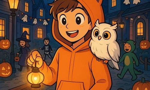 Léo, un garçon de 12 ans, se tient au centre de l'image, vêtu d'un costume de renard avec une capuche douce. Son visage rayonne d'un sourire émerveillé et ses yeux brillent d'excitation. À sa droite, une chouette blanche se perche sur son épaule, ses yeux ronds reflétant sagesse et mystère. Le décor est une rue animée d'Halloween, avec des maisons décorées de citrouilles et de guirlandes de fantômes. Les lampadaires diffusent une lumière dorée, créant une atmosphère magique. Léo tient une petite lampe en forme de luciole, illuminant son visage et le chemin devant lui. Il s'apprête à traverser un pont en bois, entouré d'enfants en costumes colorés qui rient et échangent des bonbons, dégageant une ambiance joyeuse et festive.