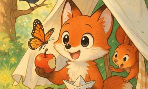 Lino, un renard roux anthropomorphe joyeux, assis dans une cabane de draps à carreaux et blancs, pelage brillant, tenant une pomme croquée et une feuille pliée en coupe, partage un moment tendre avec un papillon orange et noir posé sur sa patte, tandis qu'un merle noir aux reflets bleus chante sur une branche et qu'un écureuil roux curieux colle la tête entre les draps; lieu : clairière printanière avec herbe verte, fleurs jaunes, un grand arbre en fleurs blanches et roses, gouttes de rosée et lumière dorée du matin; ambiance intime et douce, couleurs pastel, textures suaves, style manga expressif pour enfants.