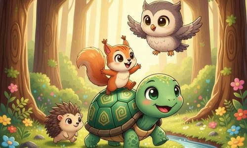 Tara la tortue, au centre, avance doucement et déterminée avec une carapace vert émeraude ornée de motifs dorés, portant Lilo l’écureuil rousses au sourire excité, tandis que Mina la chouette grise et crème vole au-dessus pour guider le groupe et Léon le hérisson piquant marche à côté en reniflant le sol ; ils traversent un ruisseau scintillant dans une clairière forestière lumineuse aux troncs brun chocolat, feuillages verts et fleurs colorées, en direction d’une colline où manque le grand arbre, dans une ambiance d’aventure douce, couleurs vives et éclairage chaud, composition centrée et mignonne.