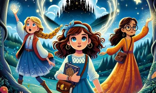 Au centre de l'image, Lisa, une fille de 12 ans aux cheveux châtains bouclés et aux yeux pétillants, sourit en tenant un carnet de croquis d'une main et une potion magique de l'autre. À sa gauche, Clara, 11 ans, avec de longs cheveux blonds tressés et une robe colorée, lève les bras en signe de victoire, entourée d'étoiles scintillantes. À droite, Emma, 12 ans, aux cheveux bruns et lunettes rondes, regarde déterminée un château sombre au loin, les mains sur les hanches. Le décor est une forêt enchantée avec des arbres aux feuilles d'argent et des fleurs multicolores, un portail scintillant entre les racines d'un grand chêne, et en arrière-plan, le château de Gorgath sur une colline. Les filles sont prêtes à s'aventurer dans le royaume magique de Luminara pour récupérer la lumière volée par le sorcier Gorgath, leurs expressions reflétant courage et excitation.