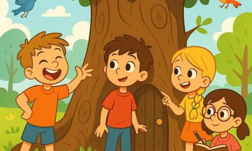 Quatre enfants, deux garçons et deux filles, se tiennent au pied d'un immense chêne dans un parc enchanté. Lucas, 8 ans, admire une petite porte sculptée dans le tronc de l'arbre. À sa droite, Clara, 7 ans, pointe la porte avec enthousiasme. À gauche, Max, 8 ans, fait un geste comique, tandis que Sofia, 7 ans, observe le chêne, prête à prendre des notes. Le parc est lumineux, avec des fleurs colorées et des oiseaux chantants, et le vieux chêne semble abriter des secrets magiques. Les enfants découvrent une porte mystérieuse, prête à les mener vers un monde féerique rempli de créatures magiques et d'aventures.