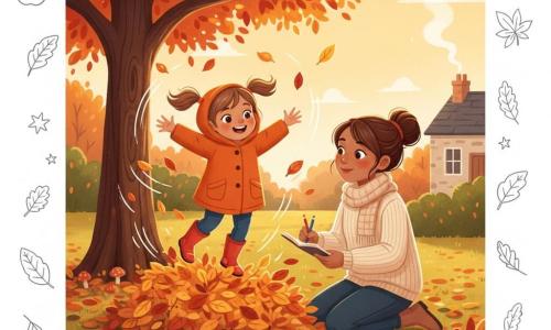 Fille de 6 ans joyeuse, cheveux châtain en couettes, manteau orange à capuche et bottes rouges, sautant dans un tas de feuilles rouges et jaunes, bras ouverts ; maman (30–35 ans) souriante, cheveux bruns en chignon, écharpe et pull crème, accroupie à côté avec un carnet de dessin et crayons, la regardant tendrement ; jardin avec grand arbre orangé, pelouse de feuilles, haie et petite maison en arrière-plan, lumière dorée de fin d’après-midi ; ambiance automnale chaleureuse aux couleurs saturées, textures visibles ; overlay de doodles : petites feuilles stylisées, étoiles et traits de mouvement blancs, esquisses d’apples et d’un petit nénuphar en coin.