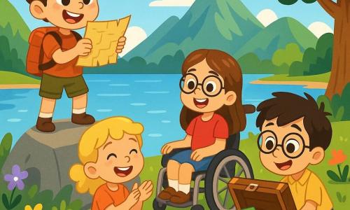 Quatre enfants aventuriers sont réunis au bord d'un grand lac scintillant. Léo, 8 ans, tient une carte ancienne sur un rocher, curieux et excité. Clara, 7 ans, applaudit Léo en souriant, assise sur l'herbe. Mia, 9 ans dans un fauteuil roulant, sourit joyeusement entourée de livres colorés. Tom, 8 ans avec des lunettes, est accroupi près du lac, émerveillé par un petit coffre en bois. Le lac est entouré de montagnes verdoyantes, d'arbres majestueux et de fleurs colorées, sous un ciel bleu parsemé de nuages. Les enfants découvrent un vieux coffre rempli de livres et de jeux, exprimant joie et émerveillement, symbolisant leur amitié et leur esprit d'aventure.