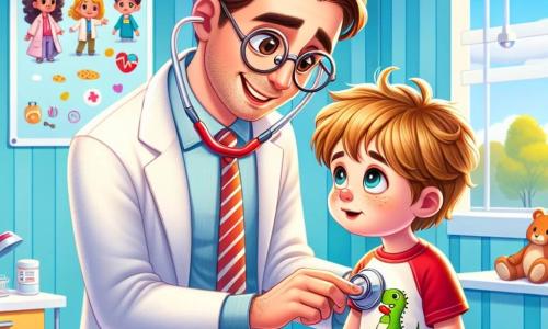 Un homme, le docteur Paul, souriant et bienveillant, porte une blouse blanche et un stéthoscope. Il écoute le cœur d'un petit garçon de 6 ans, blond et portant un t-shirt rouge avec un dinosaure. Assis sur une table d'examen, le garçon affiche un sourire timide, un peu inquiet mais rassuré par la gentillesse du docteur. Le cabinet médical est lumineux, avec des murs bleu ciel, des affiches de dessins animés et des jouets au sol. Le docteur Paul rassure le garçon en lui expliquant doucement la procédure, tandis que celui-ci observe curieusement le stéthoscope.