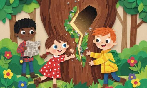 Trois enfants devant l'entrée secrète d'un immense arbre en forme de cœur : Lila, 6 ans, joyeuse et courageuse, couettes brunes, robe rouge à pois et bottines boueuses, pousse la fissure; Tom, 6 ans, énergique, cheveux roux courts, veste jaune et sac à dos vert, tient la main de Lila à sa droite; Sami, 7 ans, réfléchi, cheveux noirs, chemise à carreaux avec lampe de poche et boussole, se tient en retrait à gauche; forêt luxuriante aux couleurs saturées, feuillage et fleurs semblant découpés en papier, fissure sombre ornée de mousse et pierres brillantes laissant filtrer une lumière dorée, ambiance chaude, expressions d'émerveillement et composition centrée.