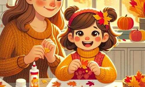 Une petite fille de 4 ans, Lila, avec de longs cheveux bruns et des yeux pétillants, est assise à une table en bois, souriante et entourée de feuilles d’automne colorées. Elle colle une feuille sur un grand papier blanc, ses mains pleines de colle. À côté d'elle, sa maman, d’environ 30 ans, avec des cheveux châtains, l'observe avec fierté en tenant un pot de colle. La scène se déroule dans une cuisine lumineuse avec des décorations de saison. Lila crée un collage de feuilles d’automne, pleine d’énergie, tandis que sa maman l’encourage.