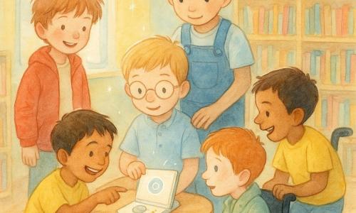 Cinq garçons dans une petite bibliothèque d'école aux murs pastel : Léo (≈7 ans, cheveux châtain clair, veste rouge) debout à gauche souriant, Sami (6 ans, peau bronzée, t-shirt jaune) accroupi à droite en riant et pointant l'écran, Maxime (7 ans, cheveux noirs, salopette bleue) debout derrière Jules la main sur son épaule, Jules (6 ans, cheveux blonds, lunettes) assis au centre et touchant le bouton d'un petit lecteur vocal posé sur la table, et Arthur (7 ans, cheveux roux) en fauteuil roulant à droite qui regarde le livre sur l'appareil avec curiosité; étagères basses en bois, tapis étoilé, grande fenêtre à gauche laissant entrer une lumière douce, ambiance chaleureuse aquarelle avec détails au stylo blanc.
