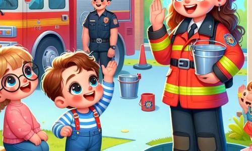 Au premier plan, Emma, une femme pompière d'une trentaine d'années, souriante et énergique, porte un uniforme rouge vif. Elle montre un grand camion de pompiers aux enfants, gesticulant avec enthousiasme. À côté d'elle, Tom, un garçon de 8 ans avec des lunettes en cœur et des cheveux blonds en bataille, lève la main avec un grand sourire. Un peu plus loin, Sophie, 25 ans, spécialiste des secours, observe les enfants avec bienveillance, prête à leur montrer comment utiliser un tuyau d'arrosage. La scène se déroule dans la cour de la caserne de pompiers de Saint-Lumière, pleine de couleurs et de rires d'enfants, avec le camion rouge au centre. Emma explique l'importance de la sécurité incendie, tandis que Tom l'écoute attentivement et Sophie se prépare à faire une démonstration.