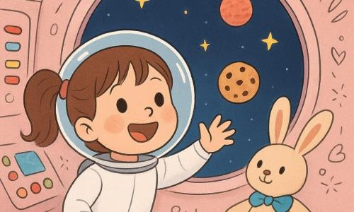 Mina, une petite fille brune en couettes, sourit émerveillée dans une tenue spatiale blanche et un casque transparent, assise près d’un hublot rond où la Terre, des étoiles et une planète rouge sont visibles ; elle tend la main vers un biscuit en apesanteur tandis qu’un petit lapin en peluche beige au nœud bleu flotte à côté d’elle dans l’intérieur d’une fusée rétro aux parois roses pâles, claviers et boutons colorés, la scène évoquant un voyage spatial paisible et ludique avec objets flottants et doodles joyeux.