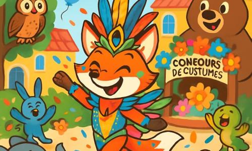Gaspard, un renard espiègle à la fourrure flamboyante, porte un costume de carnaval brillant orné de plumes colorées et danse avec un grand sourire, entouré de confettis. Joséphine, une chouette sage, observe la scène depuis une branche avec émerveillement, tandis que Balou, un ours jovial, applaudit fièrement. La scène se déroule sur la place centrale d'un village enchanteur, décorée de guirlandes lumineuses et de ballons colorés, où des animaux dansent autour d'une grande scène ornée de fleurs. Gaspard participe à un concours de costumes dans une ambiance festive, créant une atmosphère magique et joyeuse.