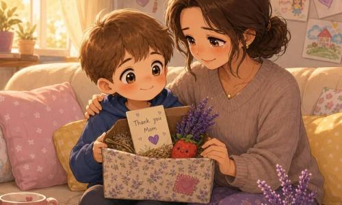 Un garçon de 8 ans, fier et tendre, cheveux châtains courts, est assis sur un canapé crème en tenant une boîte en carton couverte d’un tissu floral légèrement réparé, ouverte sur une carte, une brindille de lavande et une mini-fraise jouet; sa mère d’environ 35 ans, yeux émus et larmes de joie, est assise à côté de lui, une main sur son épaule et l’autre touchant la boîte; le salon cosy baigné d’une lumière dorée de fin d’après-midi affiche coussins pastel, table basse en bois clair et dessins d’enfants au mur, et dégage une atmosphère intime et joyeuse autour de ce souvenir fait main qui sent la lavande.