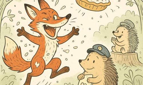 Dans une clairière boisée, un renard roux malicieux, museau plissé et queue touffue, couvert de crème et de miettes, saute en imitant le vol d'une petite tarte volante à la crème et myrtilles qui sourit en racontant une blague; Panou le porc-épic rond, tenant une serviette brodée d'un cœur et un pansement en forme de soleil, le regarde tandis que Biscotte le hérisson, carnet sous le bras et chapeau à badge, rit et applaudit depuis une souche; autour, lucioles, animaux spectateurs sur pierres et troncs, éclats de crème, confettis parfumés et gestes exagérés pour un concours joyeux de tartes volantes.