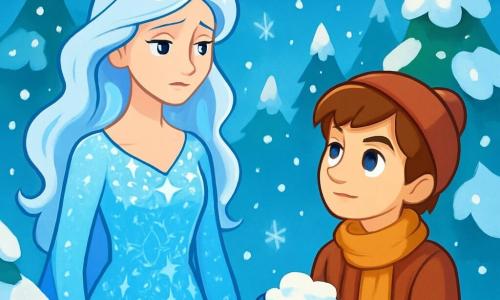La Reine des Neiges, une femme majestueuse aux cheveux argentés et aux yeux bleus profonds, se tient au centre de la scène, son visage exprimant une douce mélancolie. Elle porte une robe scintillante en cristaux de glace, reflétant la lumière des flocons de neige. À ses côtés, Kay, un jeune homme de 16 ans au regard déterminé, l'observe avec admiration, tenant de la neige dans ses mains. Ils se trouvent dans une forêt enchantée, entourés de sapins recouverts de neige étincelante, tandis que des flocons dansent dans l'air frais. La scène montre la Reine des Neiges et Kay en discussion, dans une atmosphère magique, alors que la neige commence à tomber à nouveau, symbolisant l'espoir et la renaissance de leur royaume.