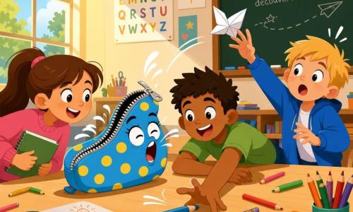 Zipette, une trousse anthropomorphe bleue à pois jaunes au fermoir argenté, grands yeux ronds et sourire espiègle, éternue : sa fermeture s’ouvre et un petit papier s’envole. À gauche, Lila, 8 ans, cheveux bruns en queue de cheval et pull rose, tient un cahier et se penche, devant la trousse Malik, 8 ans, peau mate et t-shirt vert, attrape un crayon roulant, et à droite Noé, 8 ans, cheveux blonds et veste bleue, surpris et amusé, saisit le papier porté par le vent. Dans une classe lumineuse avec tables en bois clair, chaises colorées, tableau noir et posters, crayons et taille-crayon roulent tandis que les enfants rient en essayant d’attraper le “trésor” volant.