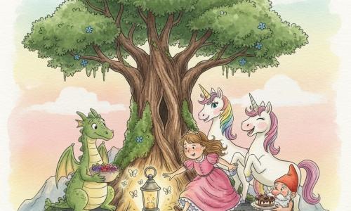 La princesse Églantine, visage rond et taches de rousseur, en robe rose froissée, tend la main en trébuchant vers une lanterne brillante; derrière, Pétunia la licorne femelle à crinière arc‑en‑ciel, malicieuse, lève les pattes comme pour la rattraper; à droite Fripon, licorne mâle dodue aux sabots scintillants, rit; à gauche Drakou, dragon végétarien aux écailles vert tendre et ailes repliées, tient une salade de baies; au pied de l'arbre ancien, Grimou le gnome âgé en bonnet rouge tient une assiette de gâteaux; sommet rocailleux avec grand arbre noueux, mousse et petites fleurs bleues sous un ciel pastel au coucher; la lanterne magique diffuse une lumière dorée et des papillons lumineux parmi les pierres sombres; atmosphère chaleureuse et comique, couleurs douces, touches aquarelle et traits légers.