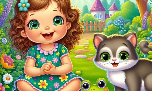 Une petite fille de 1 an, aux grands yeux brillants et aux cheveux bouclés châtains, est assise dans l'herbe verte, riant aux éclats. Elle porte une robe colorée à fleurs et tient un jouet en forme de grenouille. À côté d'elle, Max, un chat aux poils gris et aux yeux verts, est assis sur ses pattes arrière, prêt à jouer. Un peu plus loin, Zoé, une grenouille verte, est perchée sur une pierre, souriante et joyeuse. La scène se déroule dans un jardin ensoleillé, rempli de fleurs colorées et d'arbres majestueux, où des papillons volent. Léa, Max et Zoé jouent à cache-cache, avec Léa comptant les yeux fermés, Max se cachant derrière une plante et Zoé essayant de ne pas rire.