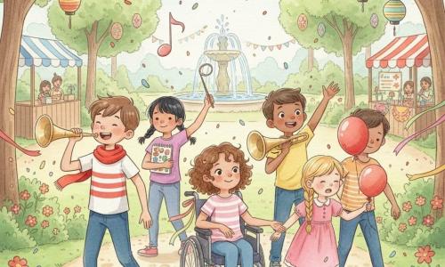 Cinq enfants participent à une petite parade de carnaval dans un jardin public en journée : Léo, 6 ans, cheveux châtain courts et écharpe rouge, ouvre la marche à gauche en soufflant dans une trompette en carton doré ; Mina, 5–6 ans, cheveux noirs en couettes, marche juste derrière lui en tenant un carnet et dessinant une note imaginaire ; Samir, 6 ans, peau bronzée et t-shirt jaune, est à droite avec un tuba en plastique, faisant un petit bruit pour attirer l’attention ; Zoé, 6 ans, cheveux bouclés, en fauteuil roulant décoré de rubans au centre-avant, sourit et tend la main pour rassurer une fillette ; la fillette de 4–5 ans en robe rose et tresse blonde tient la ficelle d’un ballon rouge qui descend vers Samir et paraît soulagée de le récupérer. L’ambiance est joyeuse et chaleureuse, pelouse fleurie, guirlandes et lampions aux arbres, stands en bois, fontaine en arrière-plan, confettis et rubans flottent dans des couleurs pastel avec textures aquarelle.