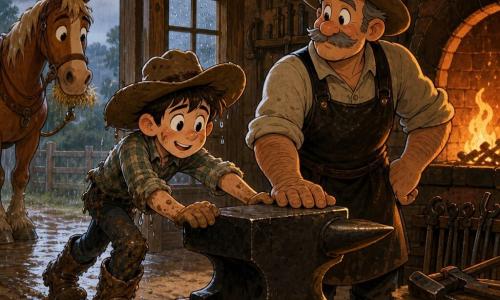 Un garçon d’environ 15 ans, trempé et boueux, chapeau de cow-boy trop grand, chemise à carreaux et bottes sales, pousse doucement une lourde enclume sombre sur une planche vers l’entrée d’une forge ; un forgeron solide de 50–60 ans, peau burinée, moustache grise et tablier en cuir noir, pose une main sur le métal, ému et fier ; un cheval alezan nommé Biscuit, humide, museau plein de foin, observe à l’arrière-plan près de la porte ouverte ; intérieur en bois chaud avec outils aux murs, étagères de fers à cheval et un grand foyer orange projettant des ombres, sol boueux à l’entrée et fenêtre embuée ; scène de retour triomphant et humble — le garçon ramène l’enclume volée sous la pluie, composition centrée sur l’enclume, silhouettes rondes et lignes souples style rubber hose, contrastes de couleurs chaudes à l’intérieur et gris-bleu à l’extérieur.