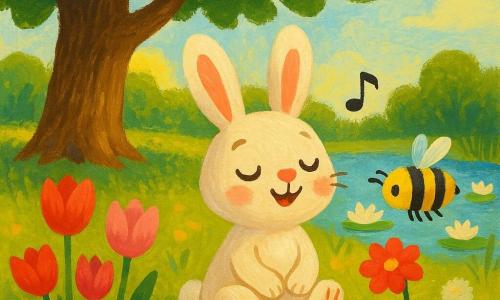 Petit lapin anthropomorphe assis sous un grand chêne, joyeux et serein, yeux mi-clos, joues rosées, fourrure blanche et beige, longues oreilles souples, fredonnant en posant ses pattes devant lui; une petite abeille jaune et noire butine une tulipe rouge près de son museau; à gauche, un groupe de tulipes rouges et roses aux tiges fines; à droite, une mare calme avec nénuphars blancs et herbes; prairie printanière lumineuse, herbe verte, ciel bleu pâle et rayons de soleil filtrant à travers les feuilles, ambiance douce, couleurs vives, traits ronds et formes simples pour enfants de 4 ans.