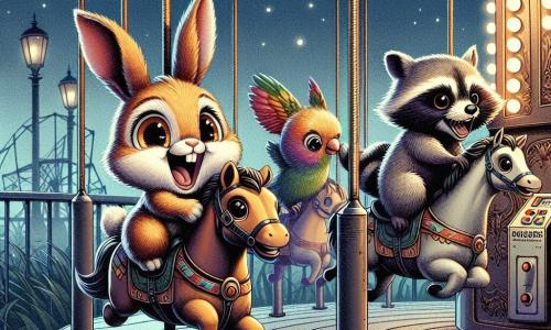 Un petit lapin nommé Caramel, avec de grandes oreilles moelleuses et un pelage brun doré, est assis sur un cheval de bois, riant aux éclats, les pattes en l'air, pendant que le manège tourne. À côté, Riri le raton laveur, avec un pelage gris et des rayures noires, s'accroche à son cheval, surpris et joyeux. Popi le perroquet, aux plumes vives, est perché sur le panneau de commande, prêt à faire démarrer le manège. Le décor est un parc d'attractions abandonné, avec des manèges rouillés et des herbes folles. La scène est illuminée par la lumière de la lune, créant une atmosphère magique. Les trois amis vivent une aventure hilarante dans une nuit pleine de surprises et de joie.
