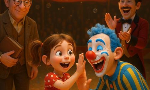 Une fillette de 8 ans, surpr ise et rayonnante, cheveux châtain clair en couettes, robe à pois rouges et blancs tachée de confettis, se tient au centre de la piste en levant la main pour un high‑five; à sa droite le clown Léon (30–35 ans) en costume rayé bleu et jaune, nez rouge, rit et tend la main, derrière elle à gauche Hector, bibliothécaire d’environ 50 ans avec lunettes et veste marron tenant un grand livre, et un maître de cérémonie vers 40 ans en redingote rouge et haut-de-forme applaudit; le chapiteau rouge et blanc, plancher en bois ciré saupoudré de paille et confettis, projecteurs jaunes créant cercles de lumière, bulles scintillantes et banderole « ENTRACTE », ambiance festive, chaleureuse et bienveillante aux couleurs saturées.