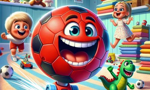 Au centre de l'image, Benny, le ballon de foot rouge, roule rapidement avec un grand sourire. À côté, Lila, la poupée blonde, rit en tenant un appareil photo en jouet, portant une robe à fleurs. Max, le dinosaure en plastique vert, est en arrière, faisant une grimace comique. Le décor est une chambre colorée avec des jouets éparpillés, des murs bleu clair et des dessins d'animaux. Les trois amis s'amusent en courant, tandis qu'une boîte à jouets ouverte laisse entrevoir d'autres jouets curieux.