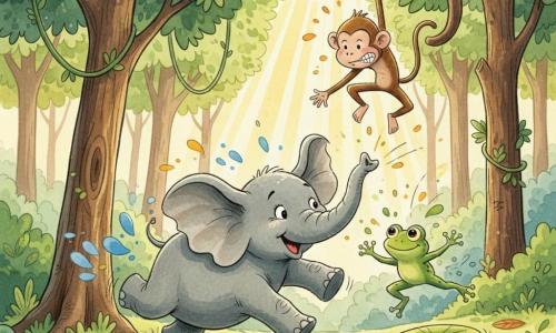 Émile, un éléphant joyeux à peau grise et grandes oreilles, trompe levée, court autour d’un arbre tandis que Gigi, petite grenouille verte aux grands yeux, saute d’un nénuphar pour le rattraper et Simon, un singe brun agile, se balance sur une branche en faisant une grimace ; la forêt dense et lumineuse, feuillage vert, lianes et un rayon de soleil, encadre ce jeu de poursuite animé.