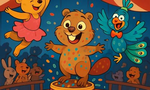 Au centre de l'image, Gustave, un jeune castor aux grandes dents blanches et à la fourrure brun clair, se tient sur une plateforme en bois, les yeux écarquillés d'excitation et un large sourire. Il est couvert de confettis colorés et a de la peinture rouge sur sa queue. À sa gauche, Margotte, une ours trapéziste aux poils dorés, s'élance gracieusement dans les airs, portant un tutu rose vif. À droite, Pablo, un paon clown avec un nez rouge et des plumes multicolores, rit aux éclats, prêt à faire une blague. Le décor est un grand chapiteau rayé rouge et blanc, illuminé par des lampions, avec des spectateurs animaux applaudissant. La scène montre Gustave glissant sur la plateforme, prêt à tomber dans un tonneau de confettis, tandis que Margotte et Pablo l'encouragent, créant une atmosphère de joie et de magie du cirque.