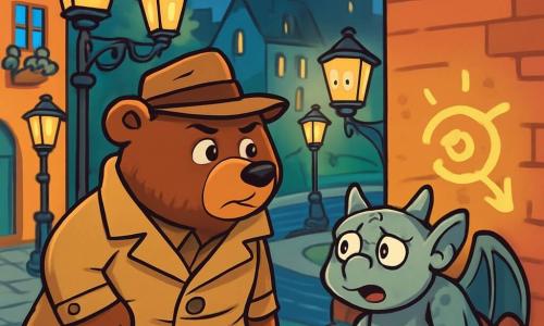 Un ours brun géant nommé Ursule porte un trench-coat beige et un chapeau mou, observant un graffiti mystérieux sur un mur au milieu d'une rue pavée. À ses côtés, Gaston, une gargouille en pierre grise, scrute les lampadaires qui discutent autour d'eux depuis un rebord de fenêtre. Le décor est une ville animée avec des lampadaires anciens, des maisons colorées et une rivière reflétant les étoiles. Ursule et Gaston font face au graffiti tandis que les lampadaires débattent bruyamment de la météo, créant une atmosphère magique et chaotique.