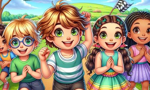 Au centre de l'image, Léo, un garçon de 7 ans aux cheveux blonds, sourit en levant les bras, prêt à courir. À sa droite, Emma, une petite fille de 6 ans avec des cheveux bruns, applaudit. À gauche, Sam, un garçon de 8 ans avec des lunettes, rit en tenant un drapeau de course. Zoé, une fille de 7 ans aux longs cheveux noirs, se tient en arrière, prête à se lancer. Le décor est un parc verdoyant avec des fleurs et des arbres. Les enfants sont alignés sur une ligne de départ, prêts à courir ensemble, symbolisant la confiance en soi et l'amitié.