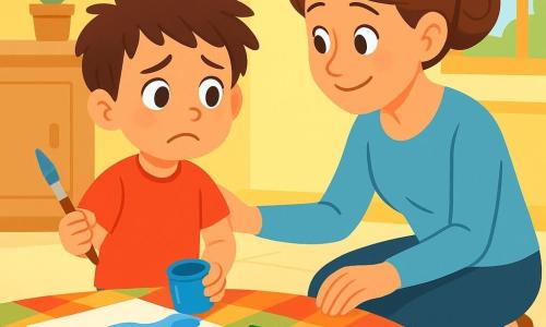 Un garçon de 4 ans, Léo, aux cheveux bruns en bataille et aux yeux curieux, se tient devant une table colorée. Inquiet mais déterminé, il tient un pinceau dans une main et un pot de peinture renversé dans l'autre. Sa maman, souriante et d'une trentaine d'années, s'accroupit pour le rassurer avec douceur. La scène se déroule dans une cuisine lumineuse aux murs jaunes, avec des crayons et des feuilles éparpillés. Léo, ayant accidentellement renversé de l'eau, s'apprête à avouer son erreur à sa maman.