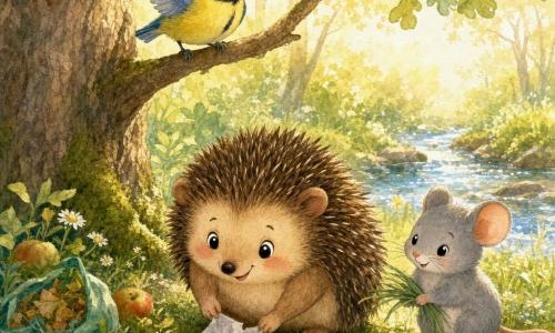 Un petit hérisson rond aux piquants bruns et joues roses ramasse délicatement un papier, accompagné d'une mésange bleu et jaune perchée sur une branche et d'une souris grise tenant des brins d'herbe; ils se trouvent dans une claire-voie lumineuse près d'un grand chêne, sur un tapis de mousse avec fleurs et pommes tombées, un ruisseau scintillant en arrière-plan, scène chaleureuse montrant des amis de la forêt nettoyant et prenant soin de leur maison sous une lumière dorée filtrant à travers les feuilles.