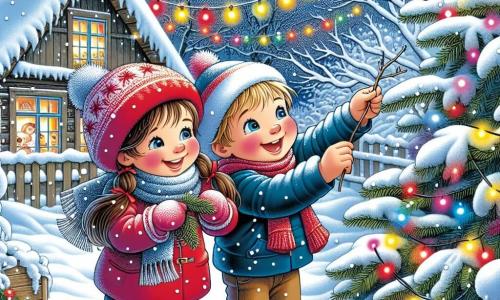 Dans un jardin enneigé, deux amis, Lina, 8 ans, avec des cheveux bruns et un bonnet rouge, et Tom, 7 ans, avec des cheveux blonds et une écharpe bleue, décorent un arbre avec une guirlande colorée. Le jardin est recouvert de neige scintillante, avec des flocons tombant du ciel et des lumières multicolores sur les branches. En arrière-plan, une maison en bois dégage de la fumée de sa cheminée, ajoutant une ambiance chaleureuse. Ils s'amusent à préparer le jardin pour l'hiver, riant et chantant.