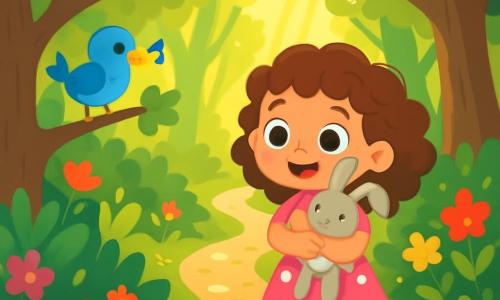 Une petite fille de 4 ans, Zoé, avec de grands yeux ronds et des cheveux bouclés, porte une robe rose à pois blancs. Elle sourit émerveillée en tenant son doudou, un lapin en peluche gris, contre son cœur. Zoé se tient au début d'un chemin dans une forêt enchantée. À côté d'elle, un petit oiseau bleu se perche sur une branche basse, chantant joyeusement. La forêt est dense et lumineuse, avec des arbres épais, des feuilles vertes éclatantes et des fleurs colorées. Des rayons de soleil filtrent à travers les branches, créant des taches dorées sur le sol. Zoé regarde avec excitation le chemin bordé de cailloux brillants, prête à partir à l'aventure à la recherche d'un trésor caché.