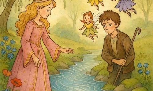 La Belle au bois dormant, réveillée, apparaît sereine en robe rose pâle brodée d'or, penchée la main tendue pour apaiser une rivière argentée; à sa droite, Louis, jeune berger d'environ 14 ans au regard mêlé de honte et d'espoir, tient une baguette; au-dessus de l'eau flottent les trois petites fées Flora, Pâquerette et Pimprenelle en robes-pétales colorées, ailes translucides, sourires malicieux et attendris; la berge, en matin brumeux, présente saules pleureurs, pierres mousseuses et tapis de fleurs baignés d'une lumière dorée; la scène, centrée sur le geste de la princesse et les regards vers l'eau, dégage une atmosphère calme et magique où la princesse répare l'inondation et le garçon apprend la gratitude.