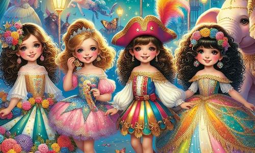 Quatre petites filles d'environ 8 ans se tiennent au centre d'une scène de carnaval. Emma, aux cheveux bruns et bouclés, porte une robe de fée ornée de fleurs et sourit. À sa droite, Zoé, blonde et lisse, est déguisée en pirate des étoiles avec un chapeau scintillant. À gauche, Lila, châtaine et tressée, est en costume de danseuse de feu avec des plumes dorées. Enfin, Mia, aux cheveux noirs et frisés, est habillée en princesse des licornes avec une robe pastel. Le décor est un carnaval féerique avec un ciel bleu et des confettis colorés. Des éléphants roses dansent en arrière-plan et des créatures fantastiques animent la fête. Les quatre amies participent à un défilé, riant et lançant des confettis aux spectateurs, dansant au rythme de la musique.