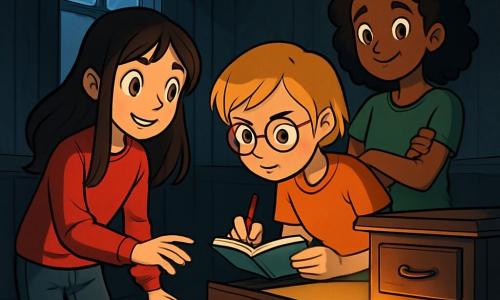 Trois personnages sont présents : Lise, une fille de 12 ans avec de longs cheveux bruns et des yeux curieux, portant un pull rouge et un jean, se tient près d'un tiroir ancien. Nora, également âgée de 12 ans, a des cheveux courts et blonds, porte des lunettes rondes et observe attentivement le tiroir avec un carnet à la main. Mériem, aussi âgée de 12 ans, a des cheveux frisés et un sourire chaleureux, se tient en retrait, les bras croisés, regardant ses amies avec excitation. L'action se déroule dans une vieille maison mystérieuse aux murs en bois sombre, où la lumière de la lune filtre à travers une fenêtre poussiéreuse. Lise s'apprête à ouvrir le tiroir entrouvert, tandis que Nora prend des notes et Mériem observe. L'atmosphère est excitante et légèrement effrayante, avec des ombres dansantes.