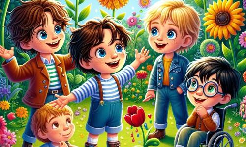 Dans un jardin magique, quatre amis se tiennent ensemble. Léo, 8 ans, est au centre, émerveillé par les fleurs. À sa droite, Max, 7 ans, rit en pointant une tulipe rouge qui parle. À gauche, Tom, 9 ans, écoute une marguerite qui explique la liberté, assis sur l'herbe. Sam, 8 ans, est dans son fauteuil roulant, souriant et curieux. Le jardin est rempli de fleurs éclatantes de couleurs vives, chantant et dansant autour d'eux, tandis que des papillons volent dans un ciel bleu parsemé de nuages. Les amis discutent joyeusement des leçons de liberté, d’amitié et de vérité, entourés de ces fleurs magiques.