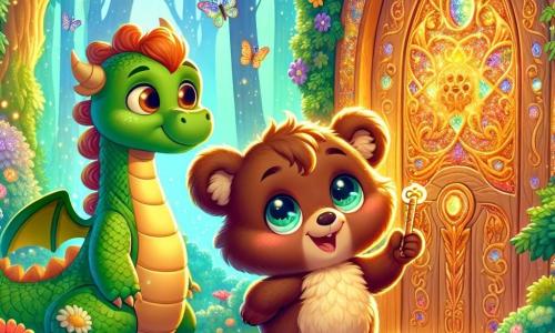 Un petit ours brun nommé Boucle, avec un pelage doux et des yeux curieux, se tient devant une porte magique en bois ornée de motifs scintillants. Il sourit en tenant une clé brillante. À ses côtés, un dragon vert aux écailles brillantes et aux grandes ailes déployées l'observe avec amitié. La scène se déroule dans une forêt enchantée, avec des arbres majestueux, des fleurs colorées et des papillons virevoltant. La lumière du soleil crée une atmosphère magique. Boucle et le dragon se tiennent devant la porte, prêts à entrer dans un monde merveilleux plein d'aventures.