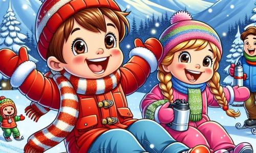 Un garçon de 5 ans, Hugo, est au centre de l'image, souriant avec des cheveux châtains et un manteau rouge. Il glisse joyeusement sur une luge, les bras levés, entouré de flocons de neige. À côté, Clara, une fille de 6 ans aux cheveux blonds tressés, rit en portant une combinaison de ski rose, prête à le rejoindre. En arrière-plan, le père d'Hugo, souriant, tient une thermos de chocolat chaud. Le décor est une station de ski avec des montagnes enneigées, des sapins et un ciel bleu. Hugo et Clara s'élancent ensemble sur la luge, remplis de joie.