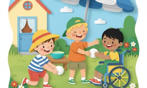 Trois garçons d’environ 4 ans jouent dans un jardin d’été ensoleillé sous un parasol rayé : à gauche un garçon à peau claire, cheveux bruns courts, chapeau jaune à large bord, t-shirt rayé bleu et blanc et short rouge, accroupi, pousse une petite balle en mousse ; au centre un garçon hâlé aux cheveux blonds bouclés, casquette verte, chemise orange et short kaki, debout, bras tendus pour attraper la balle, sourire large ; à droite un garçon à peau mate, cheveux noirs lisses, assis dans un petit fauteuil roulant bleu, salopette verte et t-shirt jaune, reçoit la balle, heureux ; herbe verte, quelques fleurs rouges et blanches, un petit bol d’eau turquoise sur une table basse en bois, une maison jaune pâle à l’arrière-plan avec porte bleue et rideau à carreaux, ciel bleu clair et deux nuages blancs en papier ; composition centrée sur la rondeur de la balle et les mains tendues, gestes doux et expressions joyeuses, couleurs vives et formes simples.