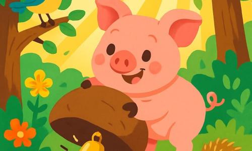 Un petit cochon rose, souriant et curieux, cherche sa clochette brillante dans une forêt enchantée. Il soulève une pierre avec ses petites pattes, tandis qu'un oiseau aux plumes jaunes et bleues chante sur une branche. Un hérisson aux piquants dorés se cache dans la mousse, prêt à aider. La forêt est pleine d'arbres aux feuilles vertes éclatantes et de fleurs colorées, avec des rayons de soleil illuminant le sol. Petit Cochon, avec ses amis, émet un doux "ding-ding" en cherchant sa clochette perdue.