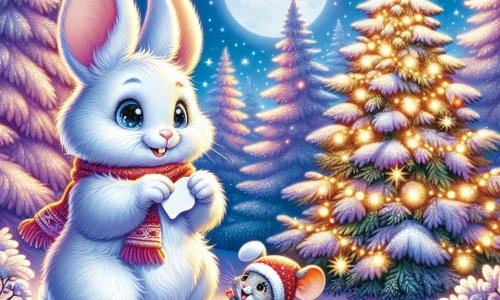 Un petit lapin blanc nommé Flocon, aux grandes oreilles et aux yeux pétillants, se tient devant un sapin de Noël illuminé. Avec un sourire émerveillé, il tient un mot de papier dans ses pattes. À côté de lui, une souris grise au chapeau rouge, nommée Miette, saute joyeusement, prête à l'accompagner. La scène se déroule dans une clairière enchantée, recouverte de neige, sous une lune brillante. Flocon et Miette se préparent à faire un vœu au sapin, entourés d'une atmosphère magique.
