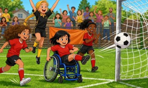 Quatre filles de 8 ans sur un petit terrain de quartier : Lisa, cheveux bouclés châtain, court vers la droite pour la passe ; Emma, cheveux courts noirs, souriante et assise dans un fauteuil roulant de sport bleu au centre, reçoit la passe et frappe le ballon vers le but ; Clémence, blonde en tresse, à gauche, saute de joie en levant les bras ; Nina, peau mate et queue de cheval noire, à droite, court en applaudissant. Herbe verte, lignes blanches, buts métalliques avec filet, petites tribunes en bois remplies de parents colorés et une banderole orange au grillage ; moment du but décisif, mouvement accentué, couleurs vives, ciel bleu clair avec quelques nuages.
