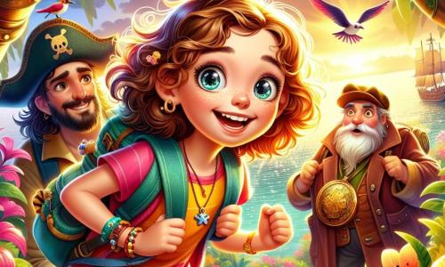 Une fille de 12 ans, Lila, se tient au centre de l'image, avec de grands yeux curieux et un sourire excité. Elle a des cheveux châtains bouclés, porte un t-shirt coloré et un short, et a un sac à dos rempli d'objets d'aventure. Elle déchiffre une carte au trésor avec détermination. À côté d'elle, un vieux capitaine barbu d'environ 50 ans, avec un chapeau trop grand et une veste en cuir usée, l'observe avec bienveillance, prêt à l'aider. Le décor est une île mystérieuse aux arbres en spirale et aux fleurs colorées, sous une lumière dorée du soleil couchant, avec un océan scintillant et des oiseaux colorés en arrière-plan. Lila résout une énigme sur un panneau en bois, tandis que le capitaine l'encourage, entourés par la magie de l'île aux Trésors Surréalistes.