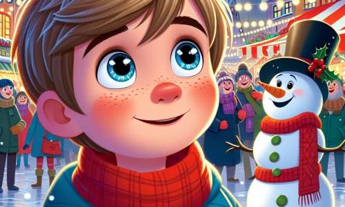 Un petit garçon de 7 ans, Théo, aux yeux pétillants, se tient au centre d'un marché de Noël animé. Il porte un manteau bleu vif et une écharpe rouge, exprimant joie et légère inquiétude. À ses côtés, Léa, une jeune fille de 8 ans avec de longs cheveux blonds et une écharpe rouge, lui tend la main pour l'encourager à avancer. Un bonhomme de neige jovial, Olaf, se tient derrière eux, souriant et prêt à les accueillir. Le marché est rempli de stands colorés, de guirlandes lumineuses et de flocons de neige. Un grand sapin de Noël, décoré de boules dorées, illumine la scène. Théo, Léa et Olaf rient ensemble en cherchant la famille de Théo dans la foule, créant une atmosphère magique et festive.