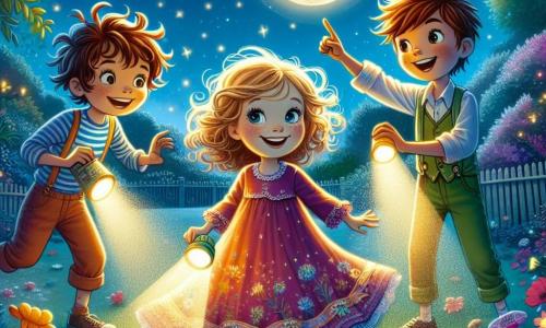 Dans un jardin éclairé par la lune, trois enfants se tiennent ensemble. Lucas, sept ans, avec des cheveux bruns et un visage souriant, tient une lampe de poche. À sa gauche, Emma, avec des cheveux blonds et une robe colorée, danse joyeusement. À droite, Thomas, avec des cheveux châtains et des lunettes rondes, rit en pointant vers les étoiles. Le jardin est rempli de fleurs colorées, créant une atmosphère magique. Les enfants, réunis, surmontent leur peur du noir en parlant aux étoiles et en dansant, découvrant la beauté de la nuit et leur amitié.
