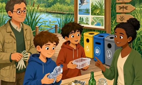 Léo, 12 ans, visage rond et taches de rousseur, cheveux châtain courts, regard concentré et sourire discret, tient une bouteille en plastique vidée et légèrement écrasée devant trois grands bacs colorés; Maël, 12 ans, cheveux en bataille, air surpris mais amusé, tient une petite boîte en plastique transparente, légèrement en retrait à droite; Madame Khelifi, une trentaine d'années, cheveux en chignon, gilet vert, montre d'un doigt détendu vers les bacs depuis la table de tri; Monsieur Roussel, quarantaine, lunettes rondes et veste kaki, souriant, tient une paire de gants à gauche du groupe; cadre : réserve naturelle au bord d’un étang avec roseaux et nénuphars, sentier et kiosque pédagogique en bois; scène : tri sur l’aire pédagogique avec trois bacs (jaune, bleu, gris), objets ramassés sur la table (canette, papier, emballage gras, verre), lumière douce du matin et palette de couleurs vives.