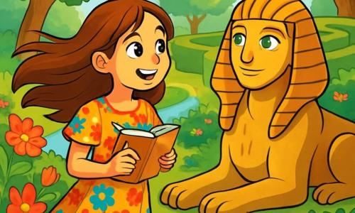 Eléa, une fille de 12 ans aux longs cheveux châtains et aux yeux curieux, se tient au centre d'un jardin luxuriant. Elle porte une robe légère aux couleurs vives et tient un carnet, prête à noter ses découvertes. À ses côtés, un sphinx majestueux, avec un corps de lion et une tête humaine, l'observe avec bienveillance. Le jardin est rempli de fleurs éclatantes, d'arbres étranges et d'une rivière scintillante. Au fond, un labyrinthe de haies invite à l'exploration. Eléa, émerveillée, contemple le sphinx sous des rayons de soleil filtrant à travers les feuilles, créant une atmosphère magique.